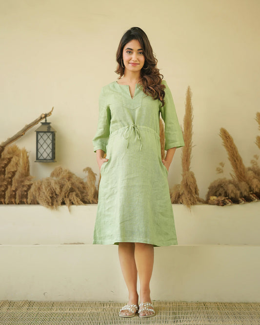 Ellementree Sage Green Maternity Kaftan Dress-Solid-Premium European Linen-Split Neck-Bump Friendly