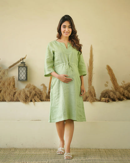 Ellementree Sage Green Maternity Kaftan Dress-Solid-Premium European Linen-Split Neck-Bump Friendly