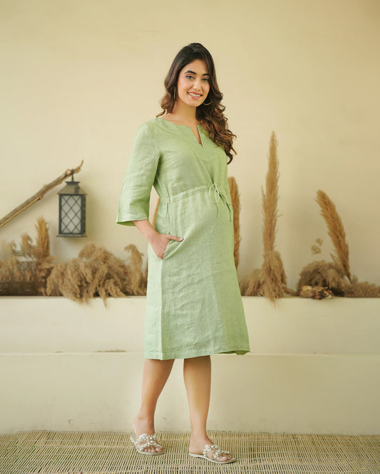 Ellementree Sage Green Maternity Kaftan Dress-Solid-Premium European Linen-Split Neck-Bump Friendly