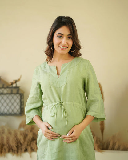 Ellementree Sage Green Maternity Kaftan Dress-Solid-Premium European Linen-Split Neck-Bump Friendly