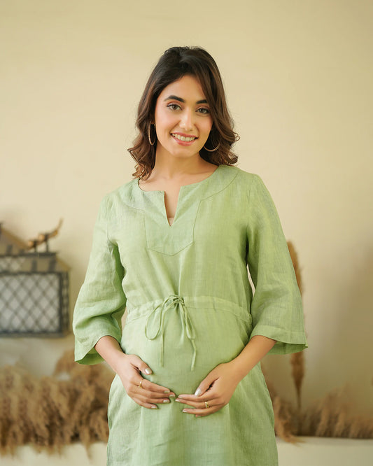 Ellementree Sage Green Maternity Kaftan Dress-Solid-Premium European Linen-Split Neck-Bump Friendly