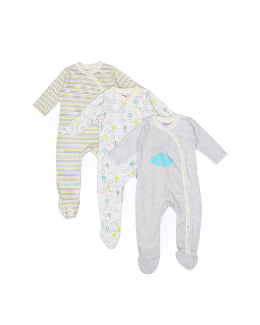 Mi Arcus White & Grey Sleepsuit-Printed-Cotton-Pack of 3-For Infants