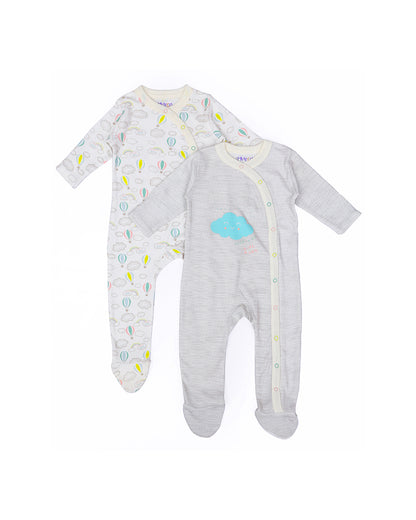 Mi Arcus White & Grey Sleepsuit-Printed-Cotton-Pack of 2-For Infants