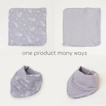 Cocoon Care Bamboo Muslin Bib + Wash Cloth-Ocean-Reversible-With Easy Snap Buttons-For Infants