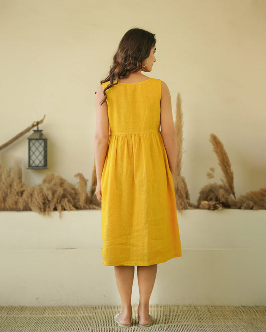 Ellementree Mustard Maternity Nursing Dress-Solid-Premium European Linen-Round Neck-Bump Friendly