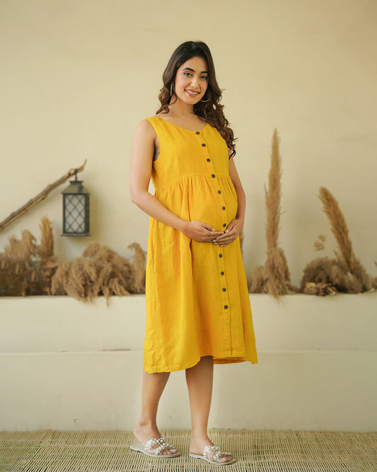 Ellementree Mustard Maternity Nursing Dress-Solid-Premium European Linen-Round Neck-Bump Friendly