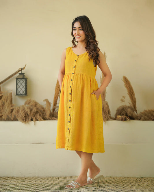 Ellementree Mustard Maternity Nursing Dress-Solid-Premium European Linen-Round Neck-Bump Friendly