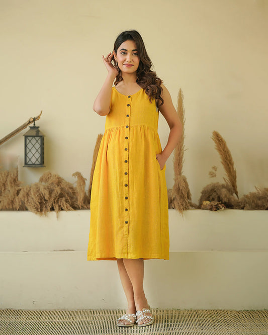 Ellementree Mustard Maternity Nursing Dress-Solid-Premium European Linen-Round Neck-Bump Friendly