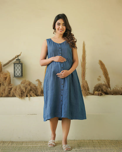 Ellementree Indigo Maternity Nursing Dress-Solid-Premium European Linen-Round Neck-Bump Friendly