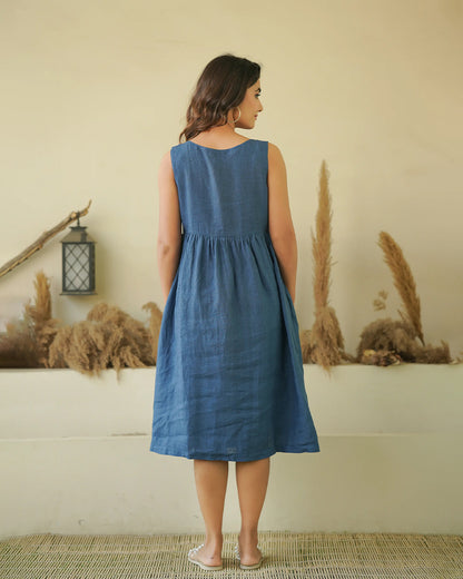 Ellementree Indigo Maternity Nursing Dress-Solid-Premium European Linen-Round Neck-Bump Friendly