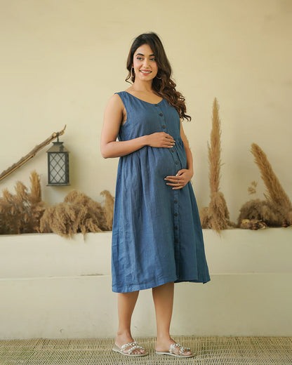 Ellementree Indigo Maternity Nursing Dress-Solid-Premium European Linen-Round Neck-Bump Friendly