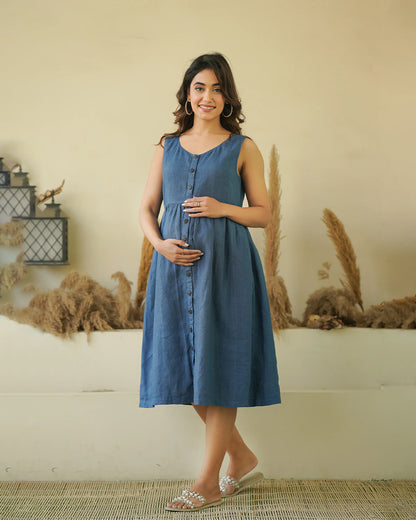 Ellementree Indigo Maternity Nursing Dress-Solid-Premium European Linen-Round Neck-Bump Friendly