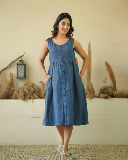 Ellementree Indigo Maternity Nursing Dress-Solid-Premium European Linen-Round Neck-Bump Friendly