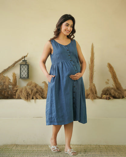 Ellementree Indigo Maternity Nursing Dress-Solid-Premium European Linen-Round Neck-Bump Friendly