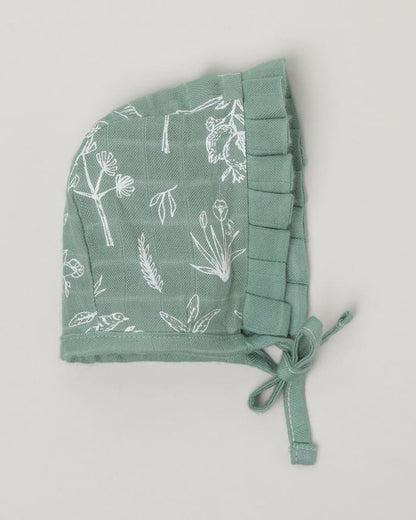 Cocoon Care Sage Green Bonnet Cap-Tropical-Bamboo Muslin-For Infants