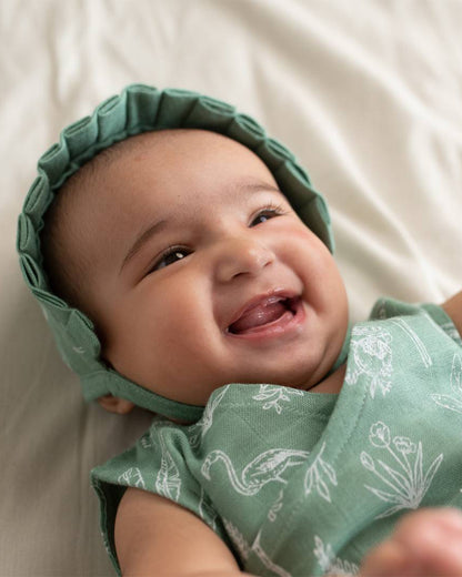 Cocoon Care Sage Green Bonnet Cap-Tropical-Bamboo Muslin-For Infants