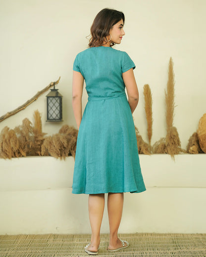 Ellementree Teal Maternity Nursing Wrap Dress-Solid-Premium European Linen-V Neck-Bump Friendly