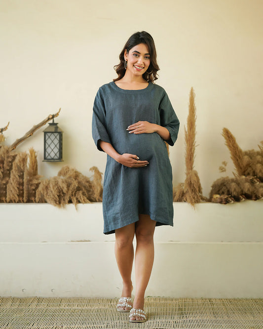 Ellementree Dark Grey Maternity Dress-Solid-Premium European Linen-Round Neck-Batwing Sleeves-Bump friendly