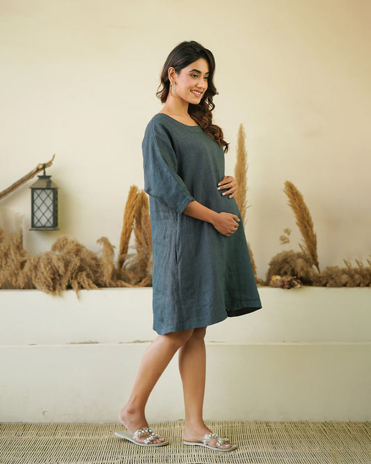 Ellementree Dark Grey Maternity Dress-Solid-Premium European Linen-Round Neck-Batwing Sleeves-Bump friendly