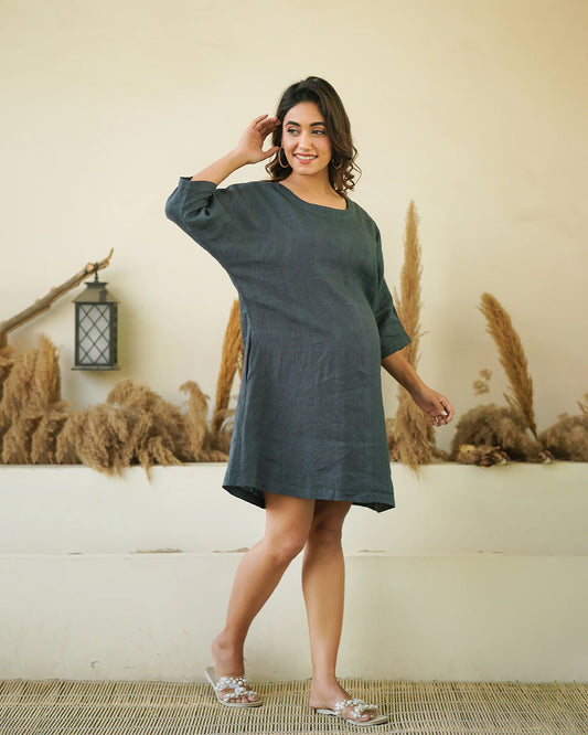 Ellementree Dark Grey Maternity Dress-Solid-Premium European Linen-Round Neck-Batwing Sleeves-Bump friendly