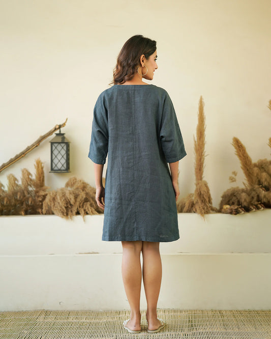 Ellementree Dark Grey Maternity Dress-Solid-Premium European Linen-Round Neck-Batwing Sleeves-Bump friendly