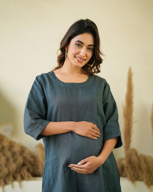 Ellementree Dark Grey Maternity Dress-Solid-Premium European Linen-Round Neck-Batwing Sleeves-Bump friendly