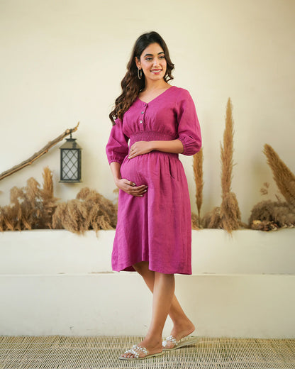 Ellementree Dusty Rose Maternity Nursing Dress-Solid-Premium European Linen-V Neck-Bump Friendly