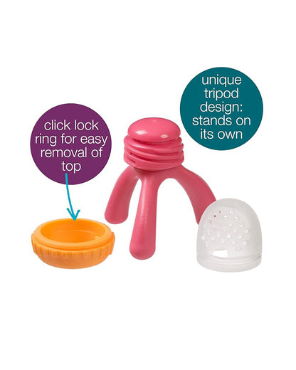 b.box Silicone Fresh Food Feeder-Strawberry Shake Pink Orange-With Unique Tripod Design & Click Lock Ring-For Infants