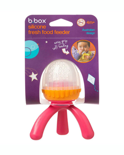 b.box Silicone Fresh Food Feeder-Strawberry Shake Pink Orange-With Unique Tripod Design & Click Lock Ring-For Infants