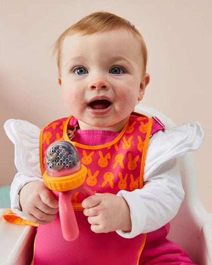 b.box Silicone Fresh Food Feeder-Strawberry Shake Pink Orange-With Unique Tripod Design & Click Lock Ring-For Infants