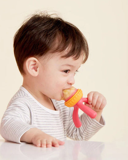 b.box Silicone Fresh Food Feeder-Strawberry Shake Pink Orange-With Unique Tripod Design & Click Lock Ring-For Infants