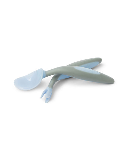 b.box Spoon & Fork Cutlery Set-With Travel Case-Angled Handles-Bubblegum Light Blue-For Infants