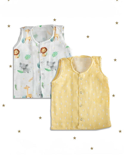 Tiny Snooze Yellow Jhabla-Printed-Muslin-Pack of 2-For Infants