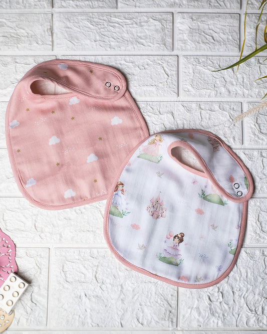 Tiny Snooze Organic Muslin Classic Bibs-Fairytale-Reversible-With Snap Button-Pack of 2-For Infants