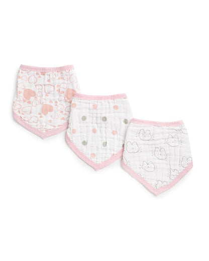 Kicks & Crawl 100% Cotton Muslin Bandana Bib-Snap Button-Pink Hearts-Pack of 3-For Infants