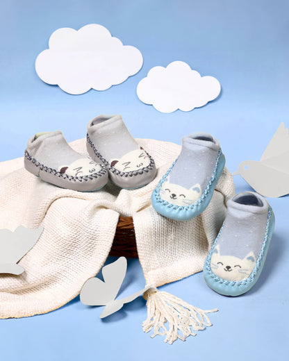 Kicks & Crawl Blue & Grey Smiling Shining Booties-Cotton & Polyester-Pack of 2-For Infants