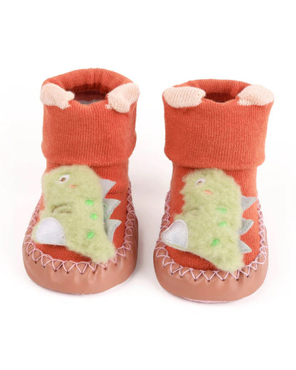 Kicks & Crawl Orange Dady's Lil Dino Booties-Cotton & Polyester-For Infants