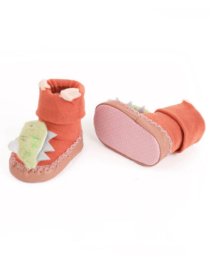 Kicks & Crawl Orange Dady's Lil Dino Booties-Cotton & Polyester-For Infants