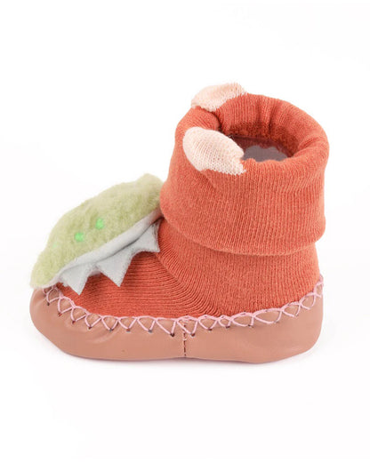 Kicks & Crawl Orange Dady's Lil Dino Booties-Cotton & Polyester-For Infants