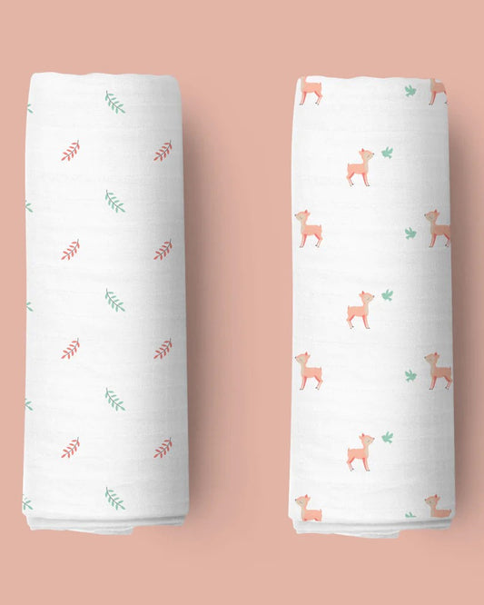 Kicks & Crawl Pink Deers Swaddle-GOTS Certified Organic Cotton Muslin-Pack of 2-Infant Wraps