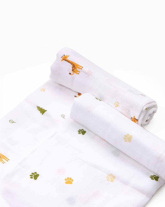 Kicks & Crawl Forest Friends Swaddle-GOTS Certified Organic Cotton Muslin-Pack of 2-Infant Wraps