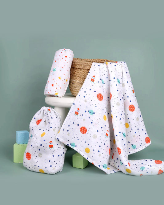 Kicks & Crawl Space Explorer Swaddle-GOTS Certified Organic Cotton Muslin-Pack of 2-Infant Wraps