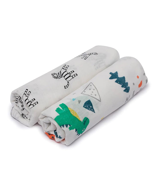 Kicks & Crawl Dino Land Swaddle-GOTS Certified Organic Cotton Muslin-Pack of 2-Infant Wraps