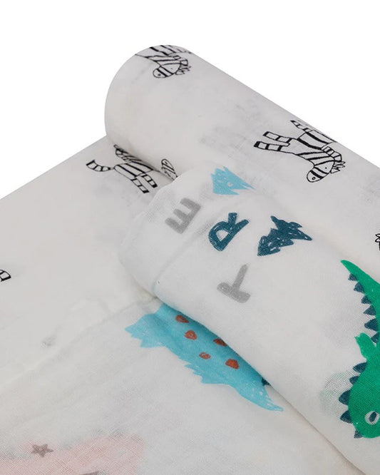 Kicks & Crawl Dino Land Swaddle-GOTS Certified Organic Cotton Muslin-Pack of 2-Infant Wraps