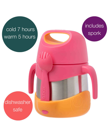 b.box Insulated Food Jar-Double Walled Stainless Steel-With Spork-Easy Grip Handles-Strawberry Shake Pink Orange-For Feeding Infants