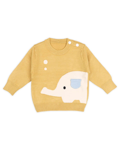 Kicks & Crawl Yellow Elephant Print Winter Wear Sweater-Cotton Blend-For Infants