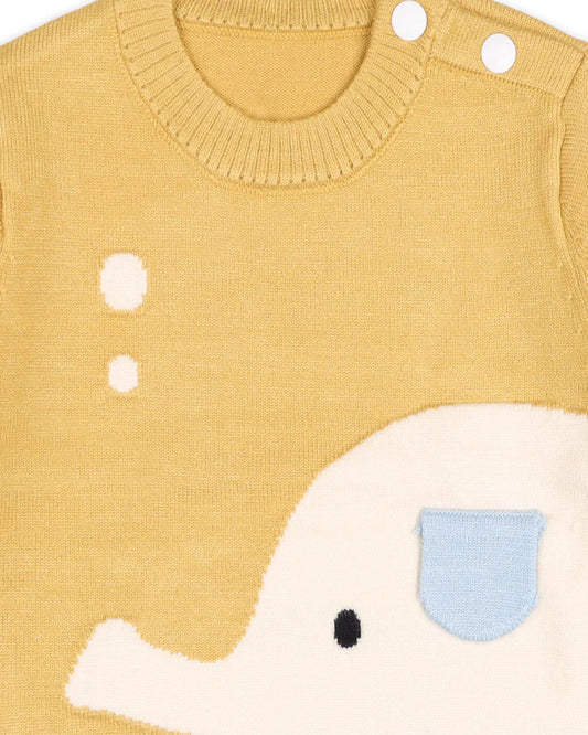 Kicks & Crawl Yellow Elephant Print Winter Wear Sweater-Cotton Blend-For Infants