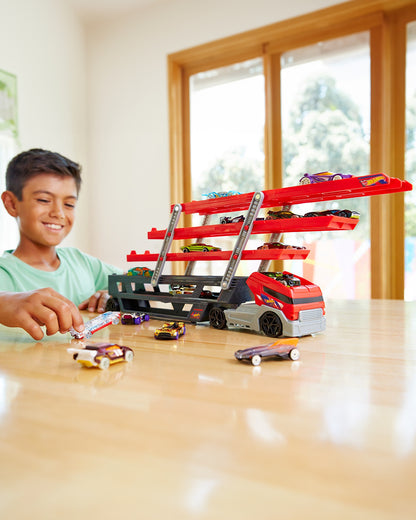 Hot Wheels Mega Hauler Truck-Stores 50 Cars-Vehicle Toy-9M+