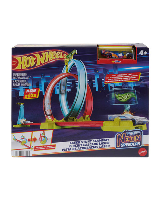 Hot Wheels Neon Speeders Track Set With 1 Hot Wheels Car-Laser Stunt Slamway-Tri-Colored Track-Connects To Other Sets-Vehicle Toy-9M+