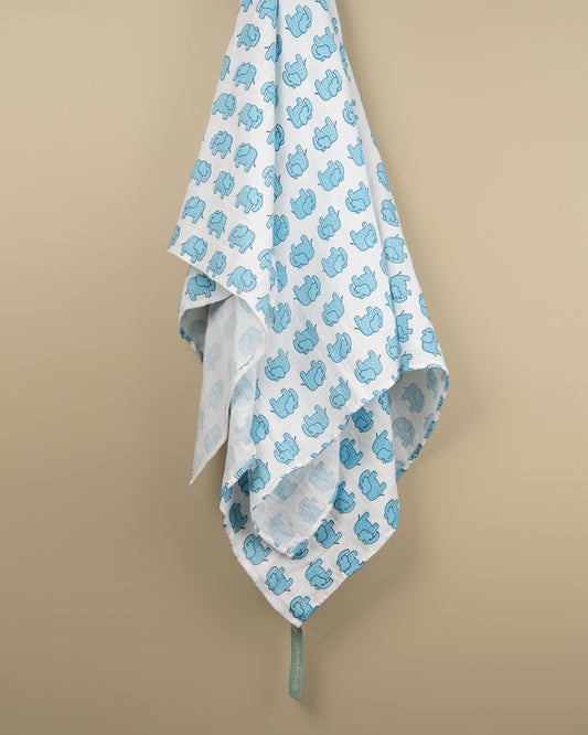 The Almirah Haathi March Blue Swaddle-Organic Muslin Cotton-Infant Wraps